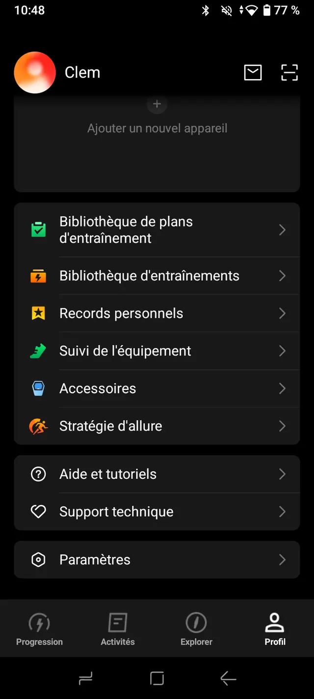 Onglet Profil de l'app COROS sur Android, avec l'entrée Paramètres en bas.