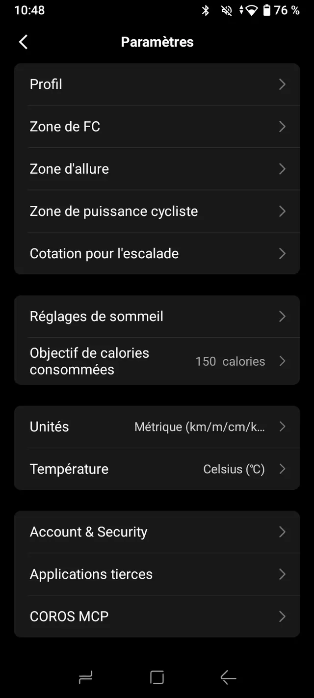 Écran Paramètres de COROS, avec l'entrée Applications tierces.