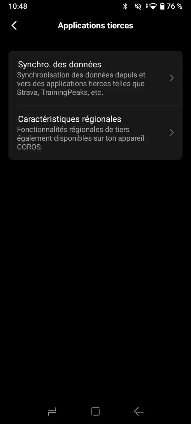 Écran Applications tierces de COROS, avec l'entrée Synchro. des données.