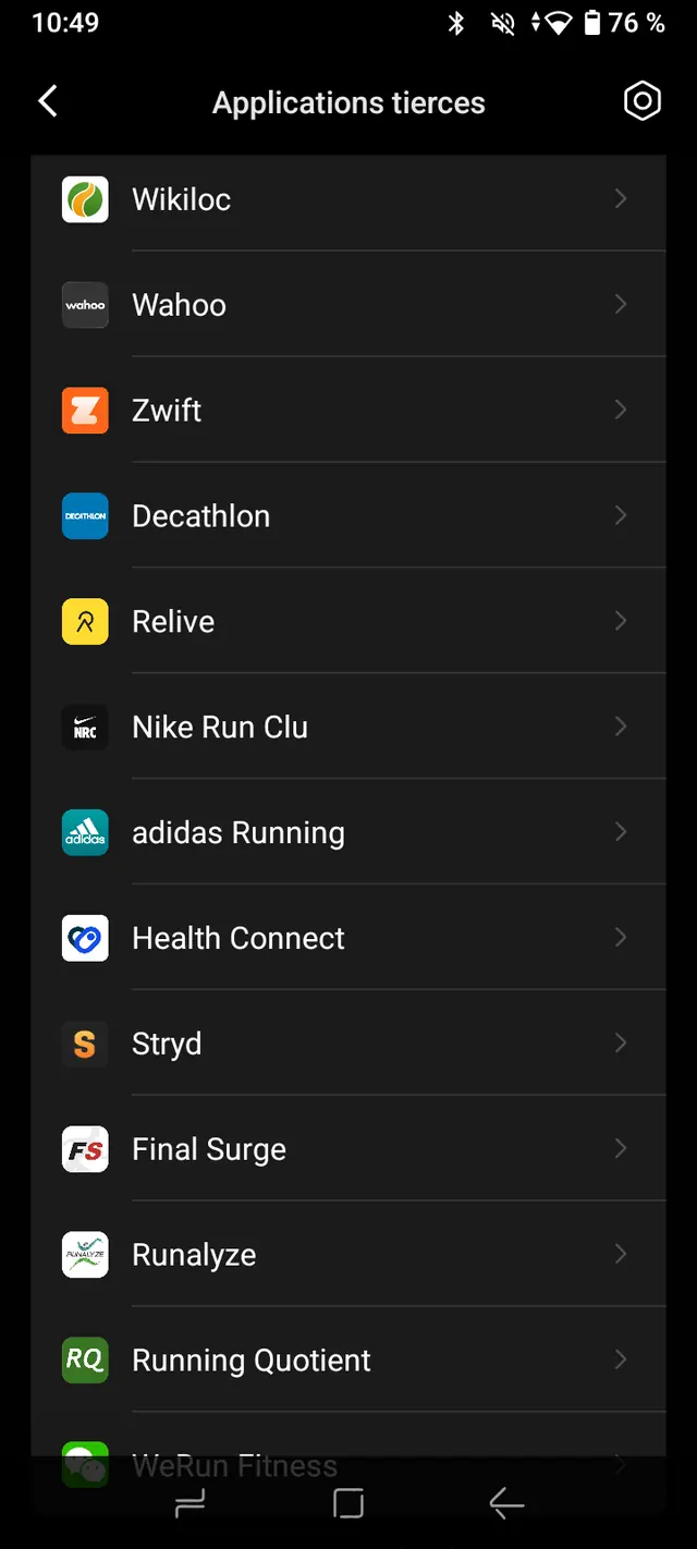 Liste des applications tierces de COROS, avec l'entrée Health Connect.