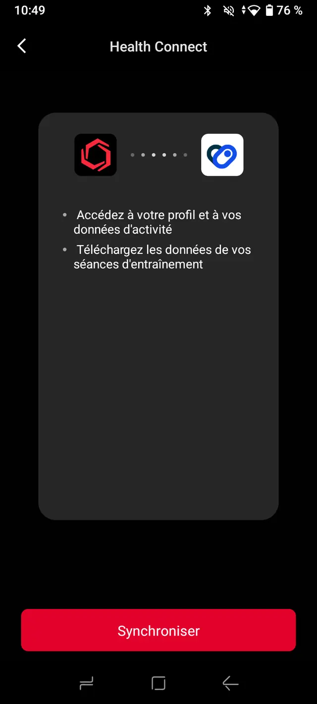 Écran Health Connect de COROS, avec le bouton Synchroniser.