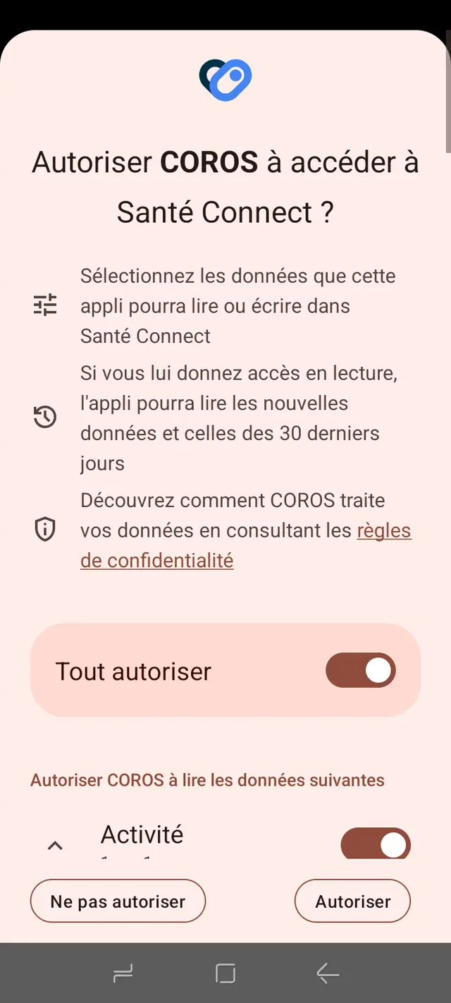 Dialogue Android autorisant COROS à accéder à Santé Connect, avec l'option Tout autoriser.