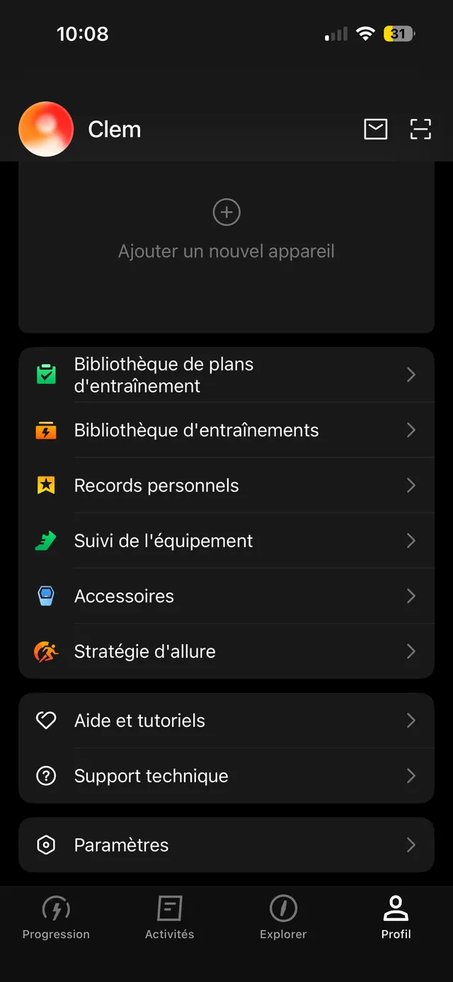 Onglet Profil de l'app COROS, avec l'entrée Paramètres en bas de la page.