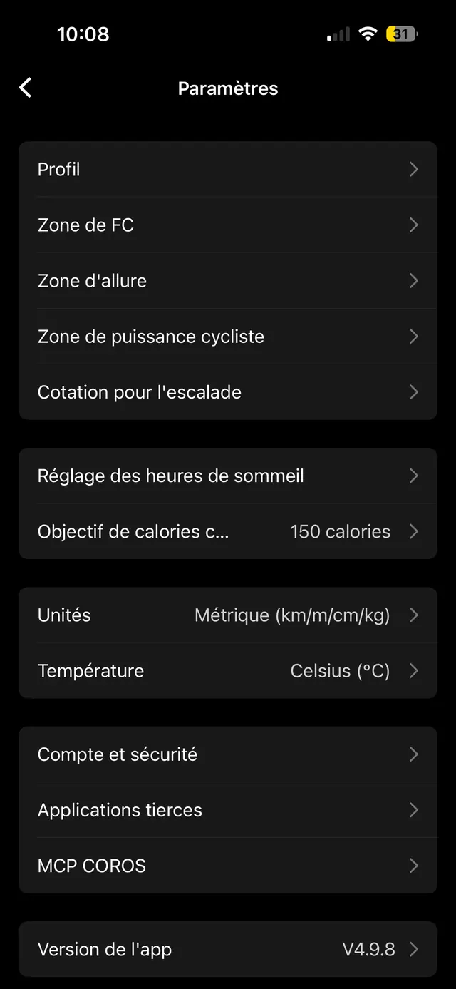 Écran Paramètres de COROS, avec l'entrée Applications tierces.