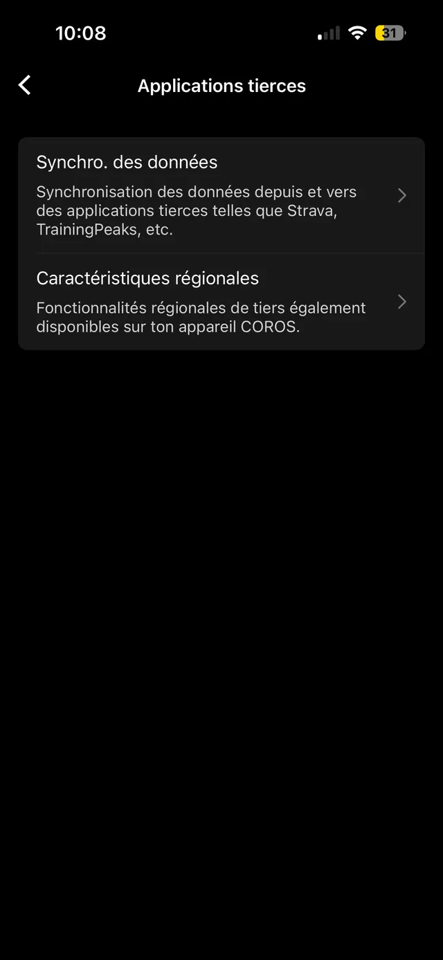 Écran Applications tierces de COROS, avec l'entrée Synchro. des données.