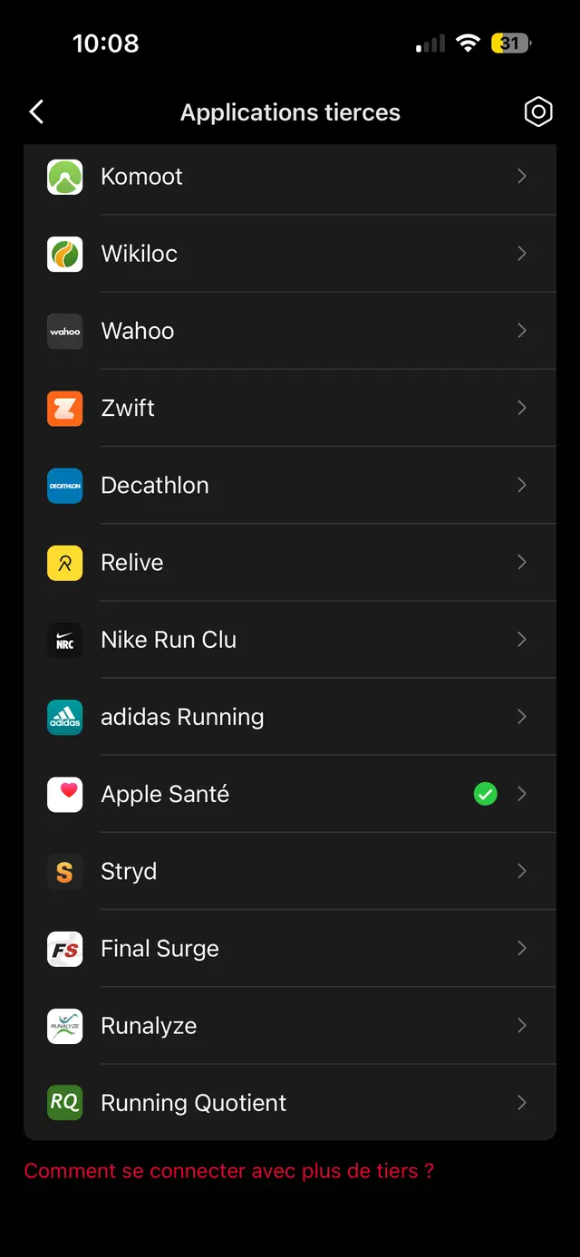 Liste des applications tierces de COROS, Apple Santé coché en vert.