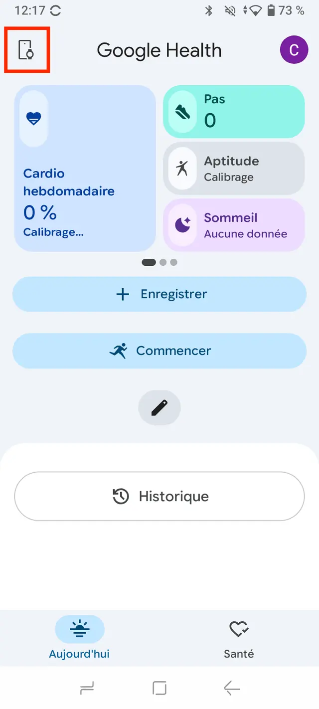 Google Health home screen on Android, with the Connections icon highlighted top left.