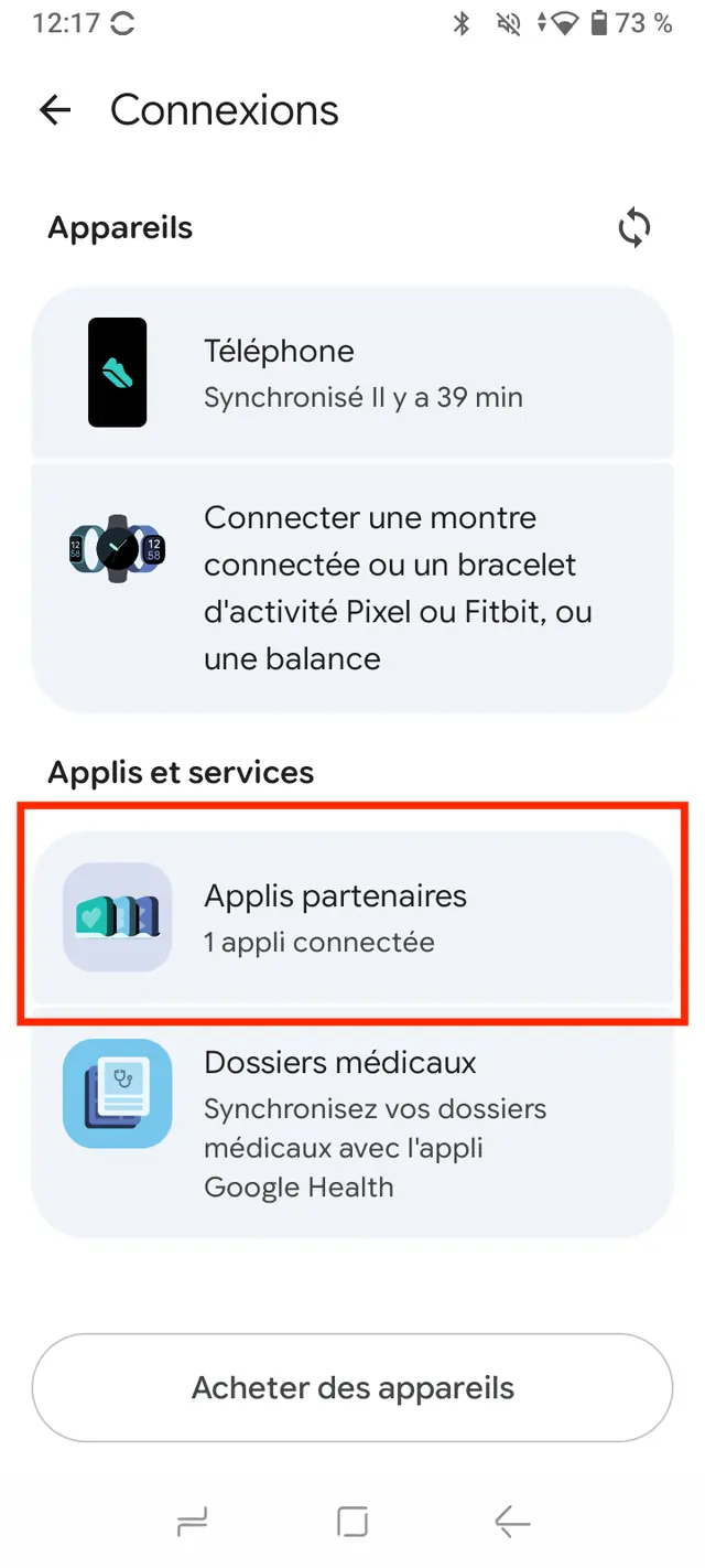 Google Health Connections screen, with the Partner apps entry highlighted.