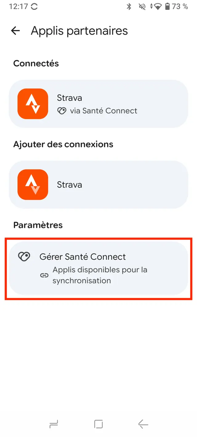 Partner apps screen, with the Manage Health Connect entry highlighted under Settings.
