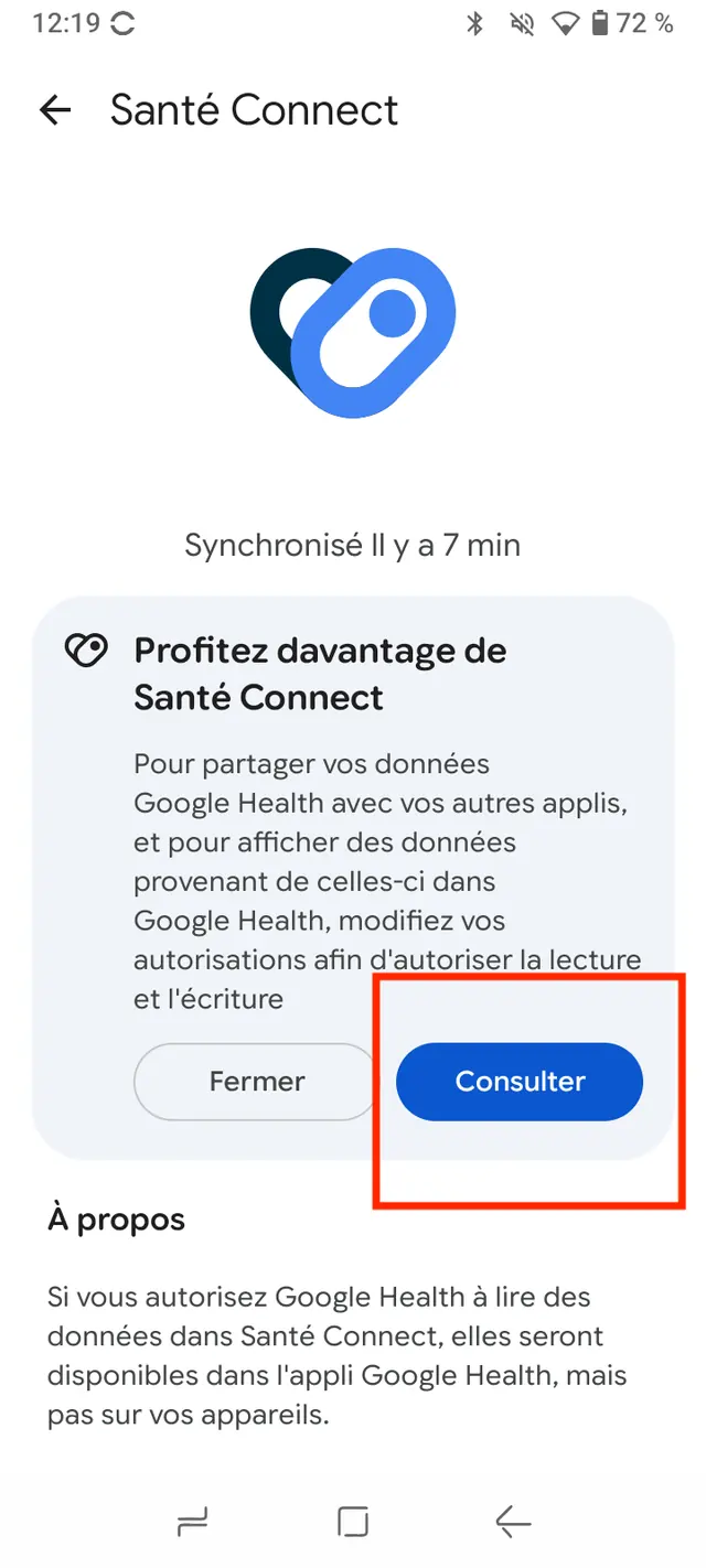 Google Health's Health Connect screen, with the Review button highlighted.