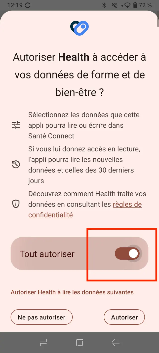 Android dialog allowing Health to access Health Connect, with the Allow all option highlighted.