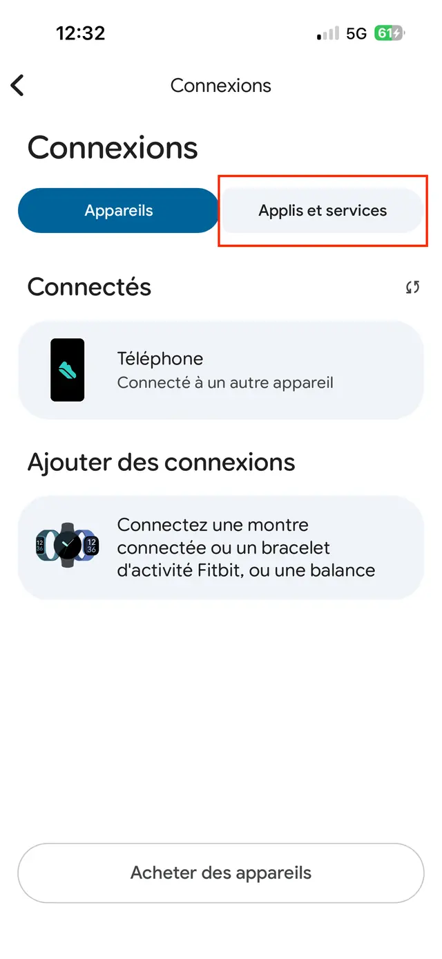 Écran Connexions de Google Health, l'onglet Applis et services encadré.