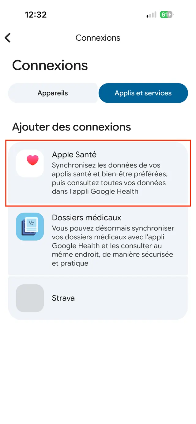 Onglet Applis et services de Google Health, l'entrée Apple Santé encadrée.