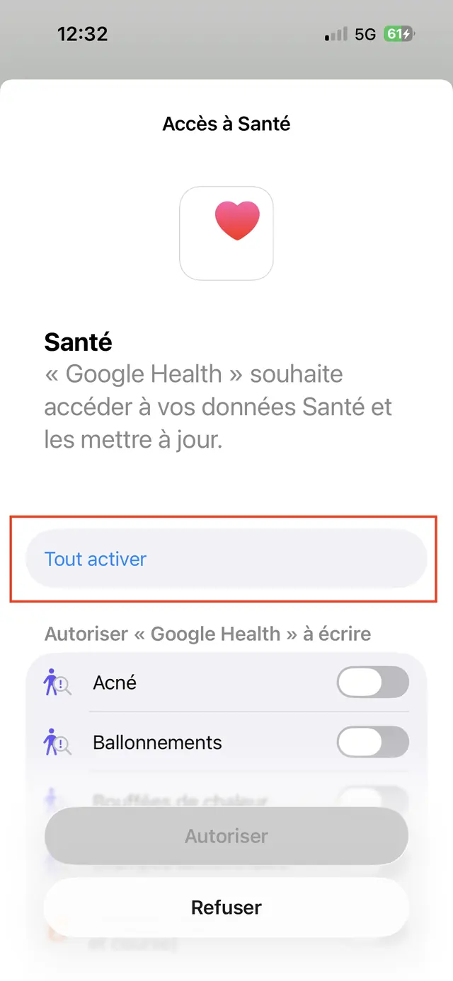 Écran iOS Accès à Santé demandant à Google Health d'écrire vos données, l'option Tout activer encadrée.
