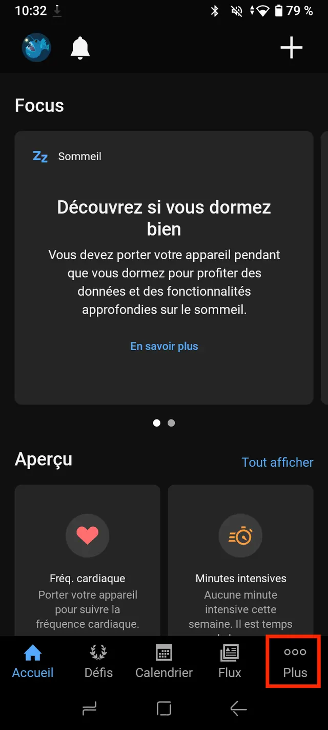 Accueil de Garmin Connect sur Android, l'onglet Plus encadré en bas à droite.