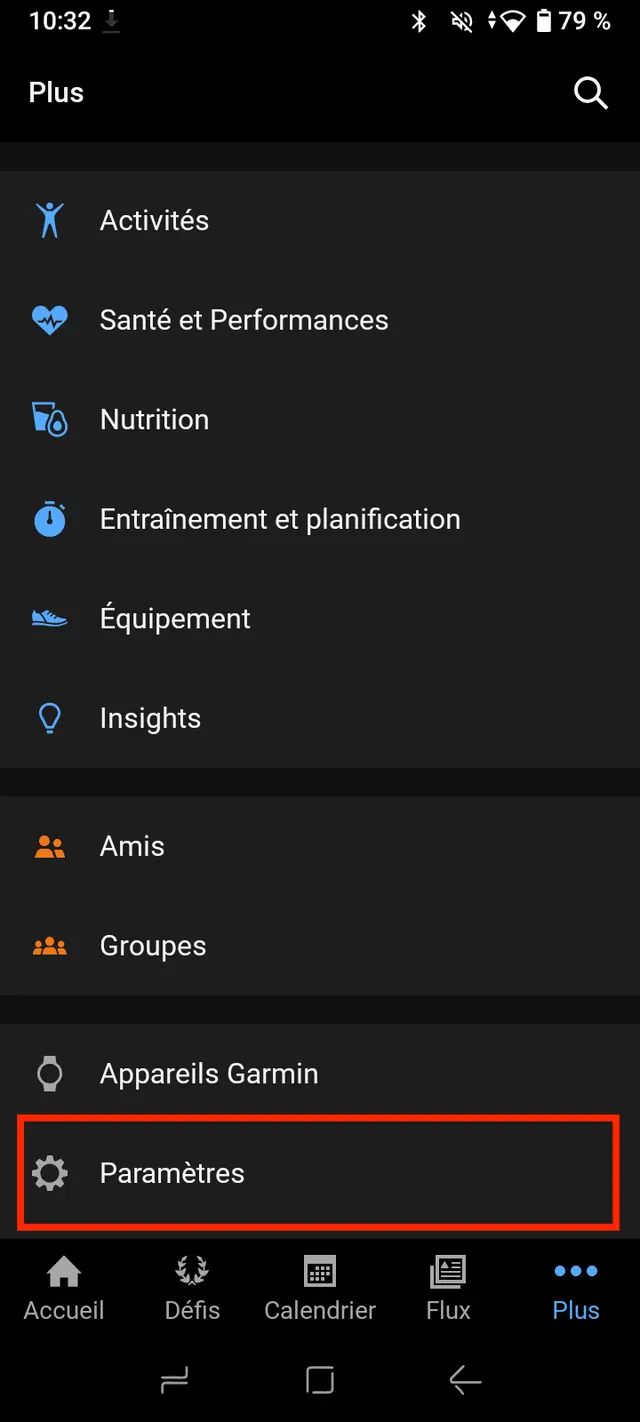 Menu Plus de Garmin Connect, la ligne Paramètres encadrée.