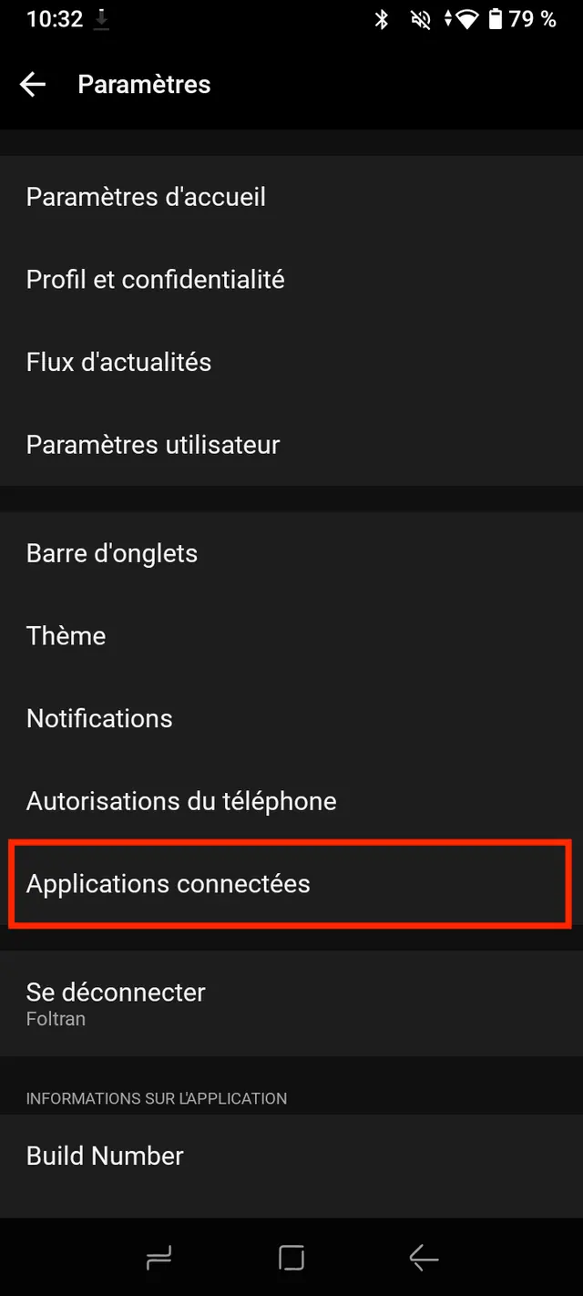 Écran Paramètres de Garmin Connect, la ligne Applications connectées encadrée.