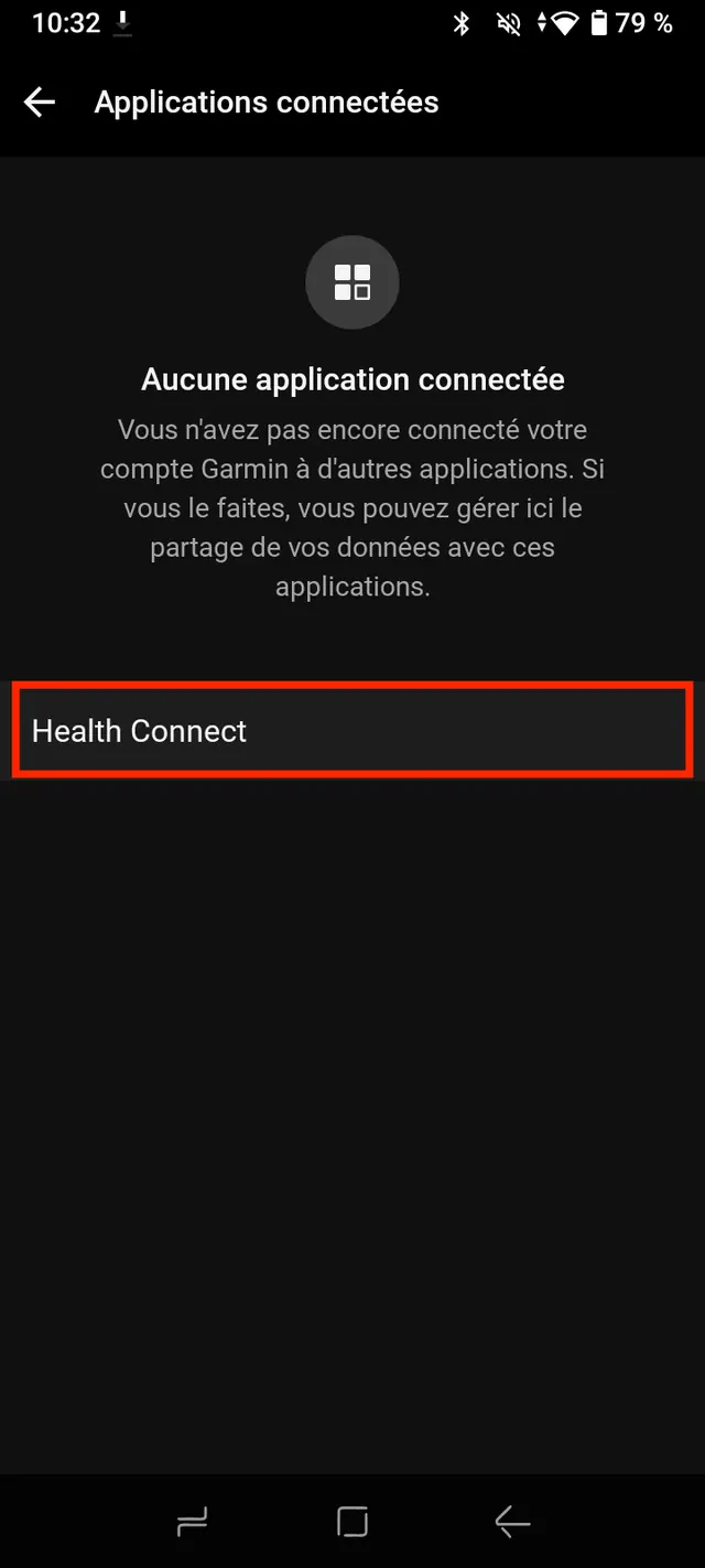 Écran Applications connectées de Garmin Connect, la ligne Health Connect encadrée.