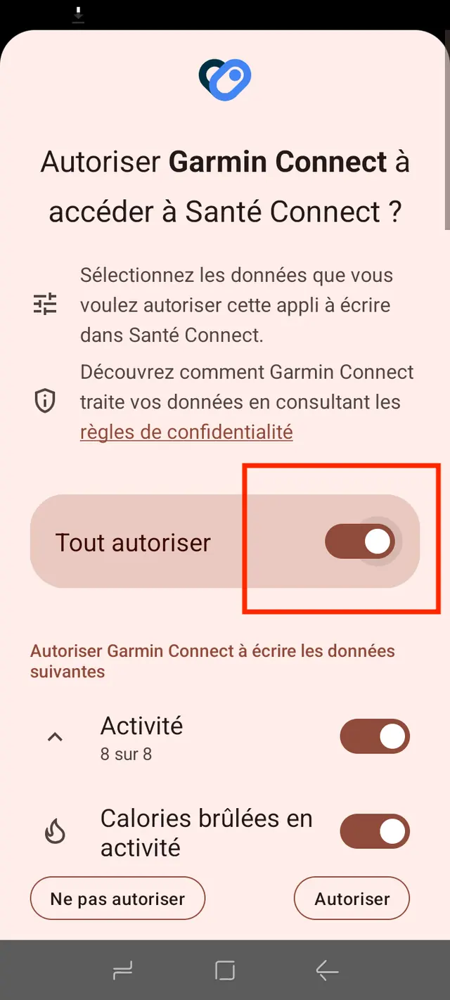Dialogue Android autorisant Garmin Connect à écrire dans Santé Connect, l'option Tout autoriser encadrée.