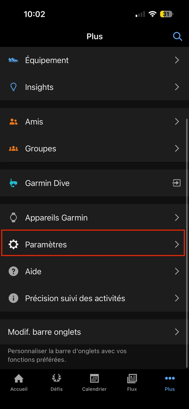 Menu Plus de Garmin Connect, la ligne Paramètres encadrée.