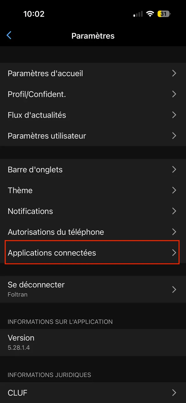 Écran Paramètres de Garmin Connect, la ligne Applications connectées encadrée.