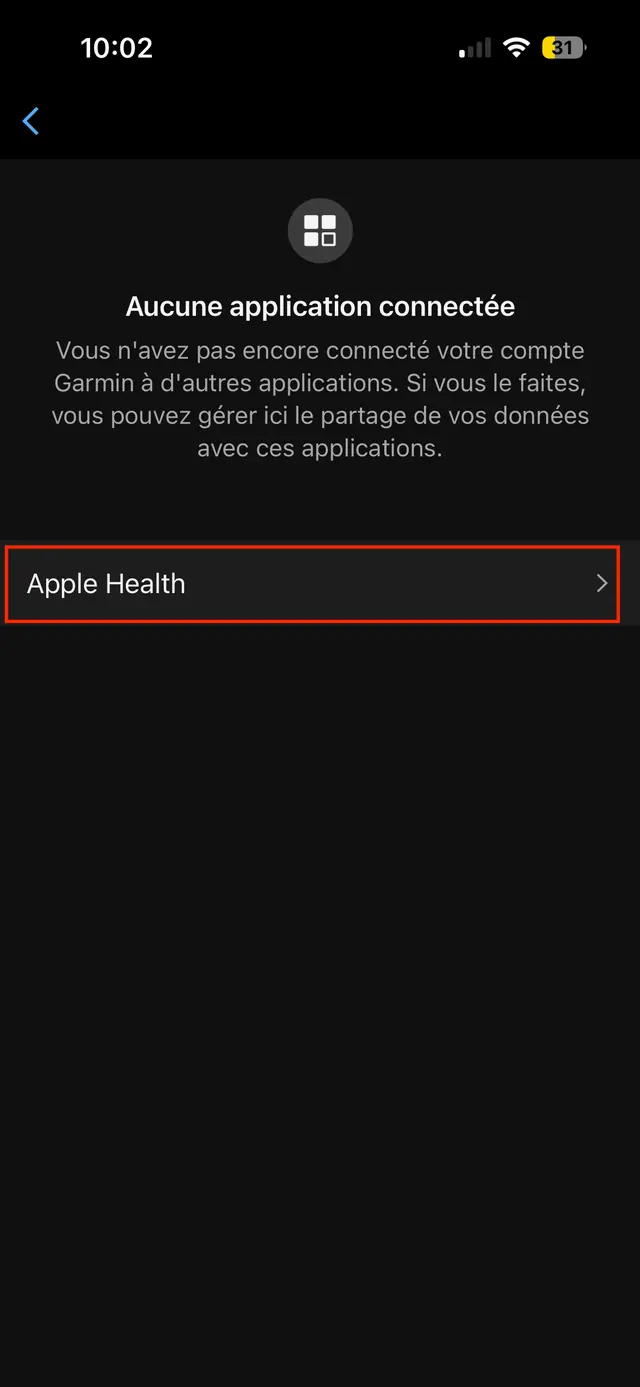 Écran Applications connectées de Garmin Connect, la ligne Apple Health encadrée.