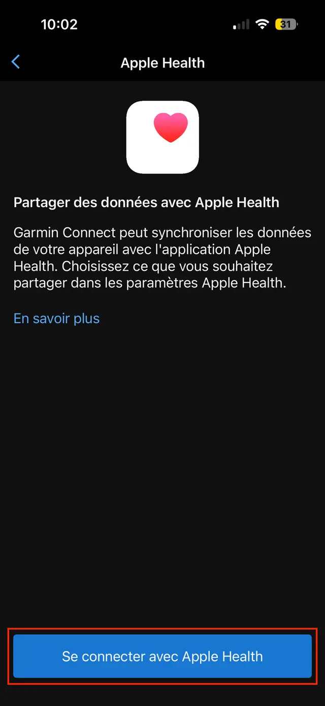 Écran Apple Health de Garmin Connect, le bouton Se connecter avec Apple Health encadré.