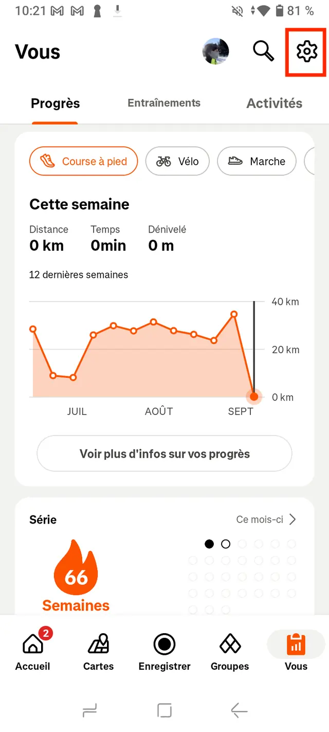 Onglet Vous de Strava sur Android, l'icône Paramètres en haut à droite.