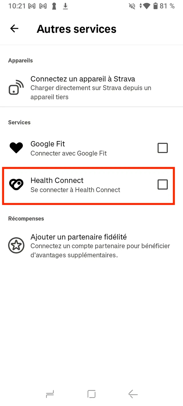 Écran Autres services de Strava, la case Health Connect encadrée sous Services.