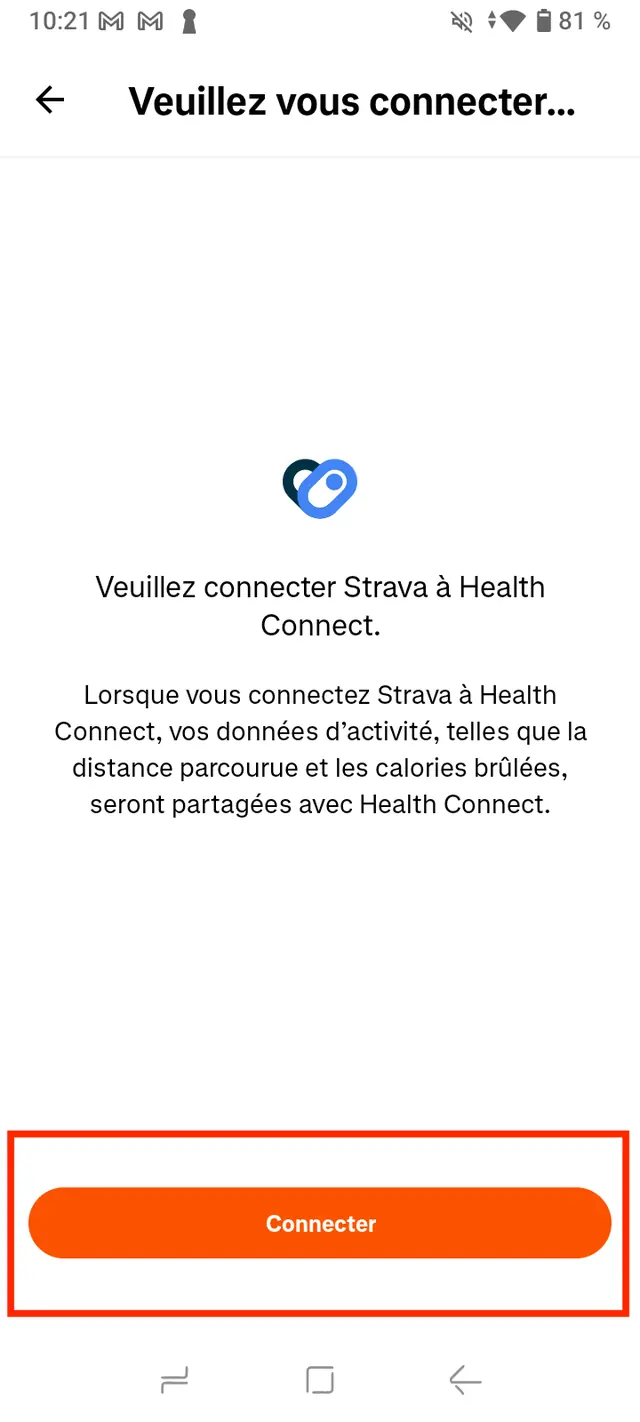 Écran invitant à connecter Strava à Health Connect, le bouton Connecter encadré.