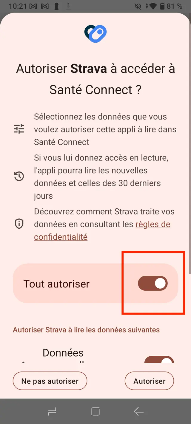 Dialogue Android autorisant Strava à accéder à Santé Connect, l'option Tout autoriser encadrée.
