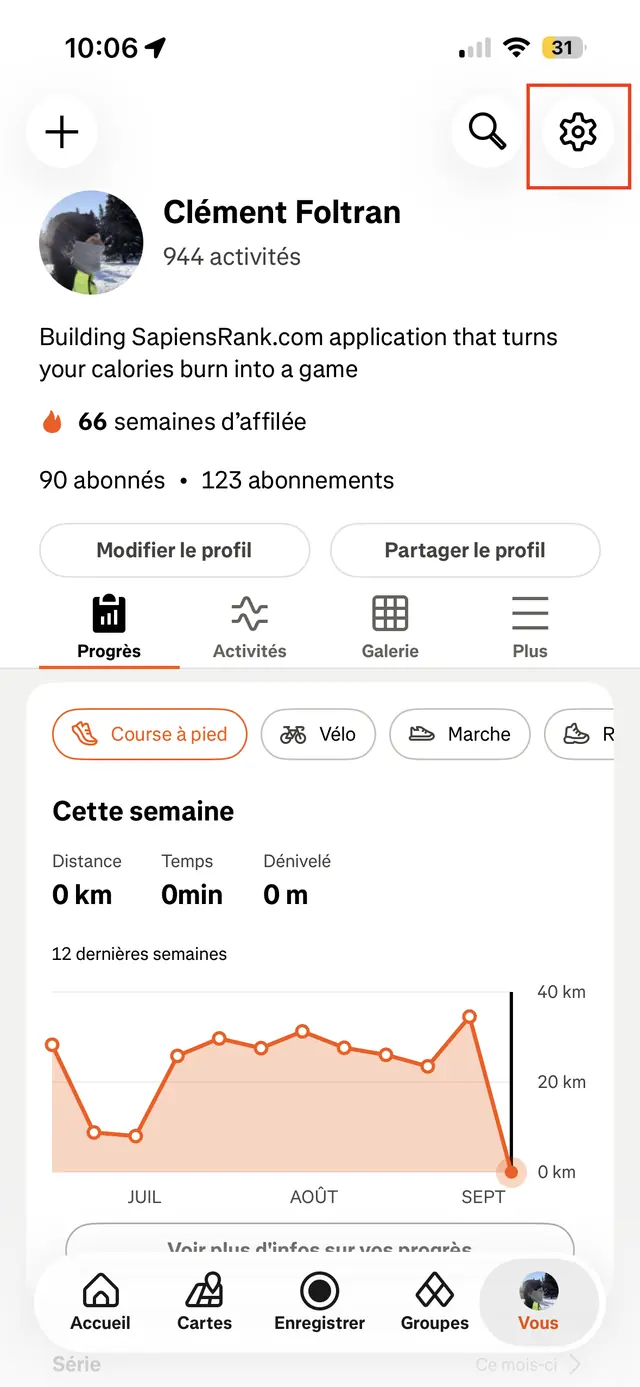 Onglet Vous de Strava, l'icône Paramètres encadrée en haut à droite.