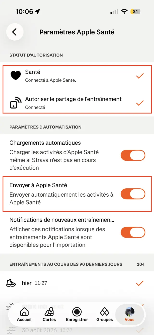 Écran Paramètres Apple Santé de Strava, les autorisations et l'option Envoyer à Apple Santé encadrées.